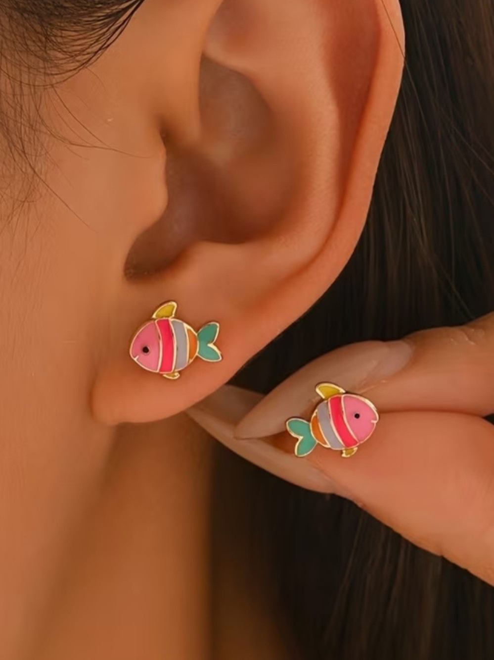 Pink & Teal Fish Stud Earrings - Unbranded Cute Enamel Pet Fish Design
